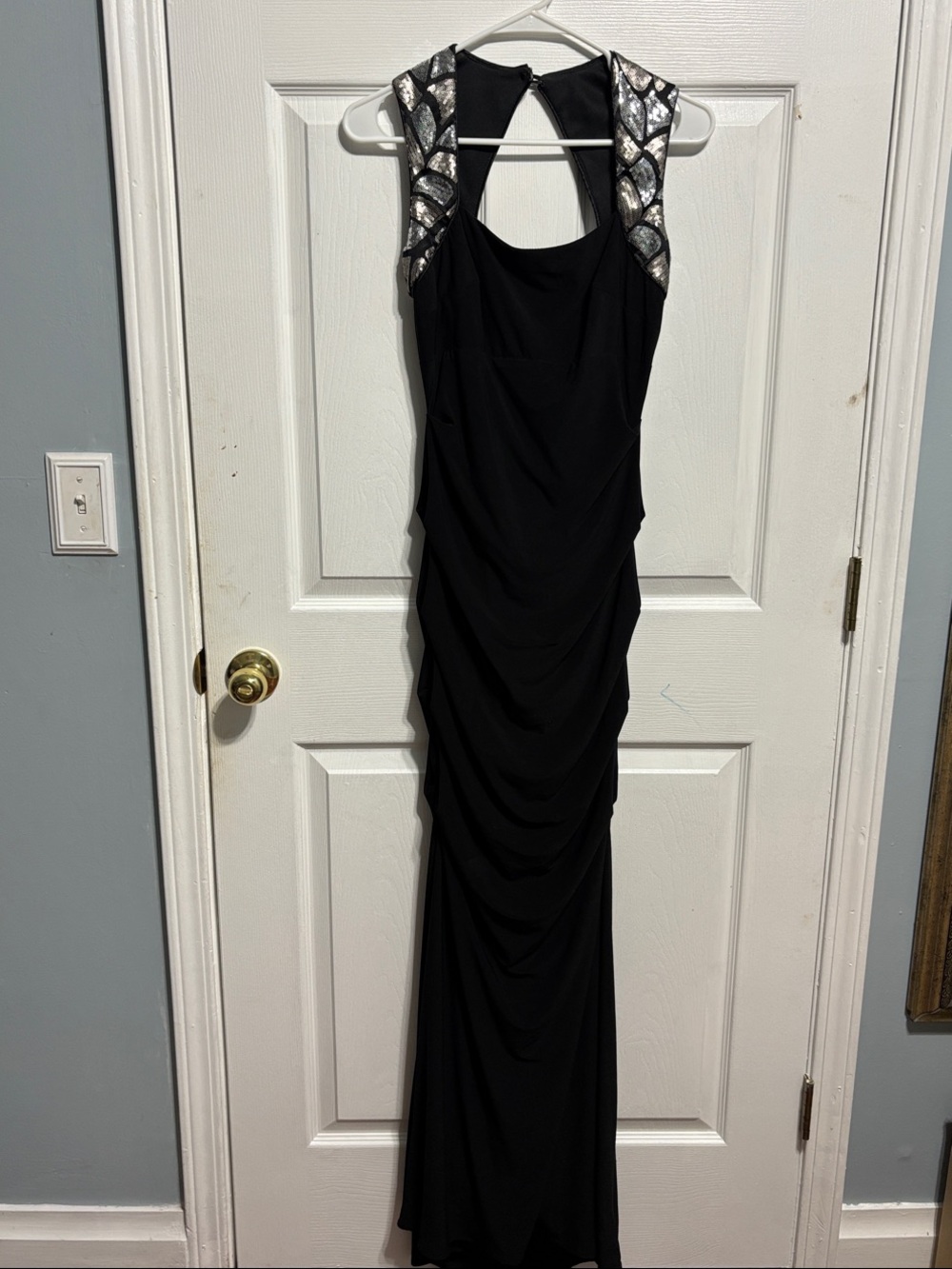 Cache Black Evening Gown with Silver Embellished Shoulders